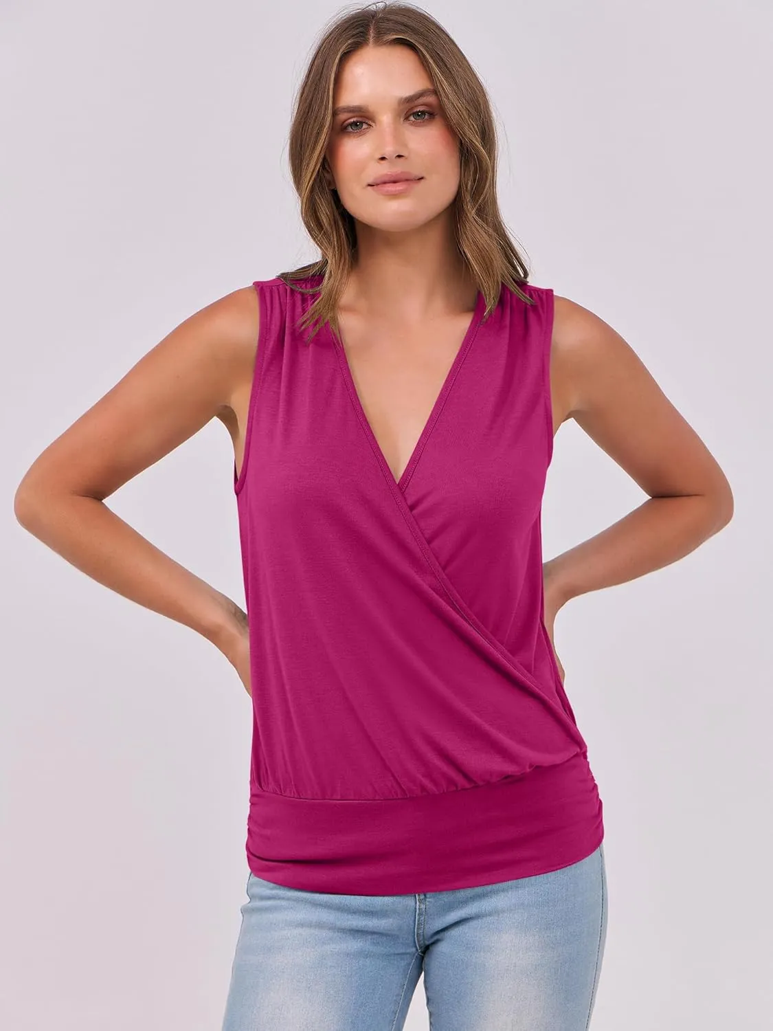 ANRABESS Womens V Neck Tank Tops Wrap Banded Hem Shirts Sleeveless Ruched Going Out Blouse 2025 Summer Fashion Clothing