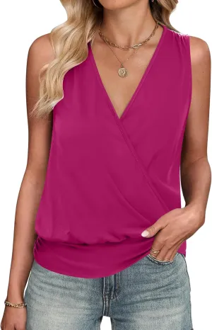 ANRABESS Womens V Neck Tank Tops Wrap Banded Hem Shirts Sleeveless Ruched Going Out Blouse 2025 Summer Fashion Clothing