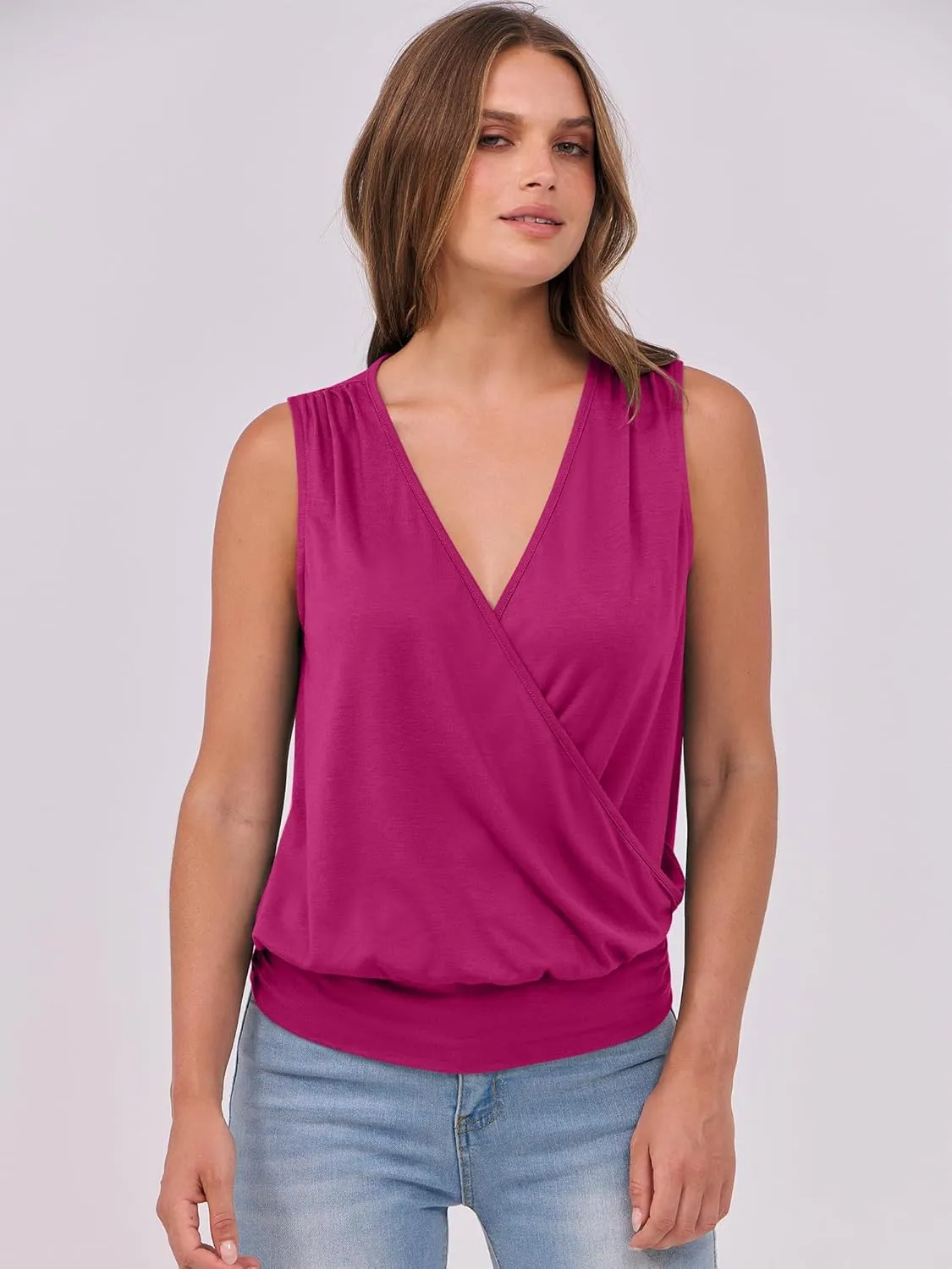 ANRABESS Womens V Neck Tank Tops Wrap Banded Hem Shirts Sleeveless Ruched Going Out Blouse 2025 Summer Fashion Clothing