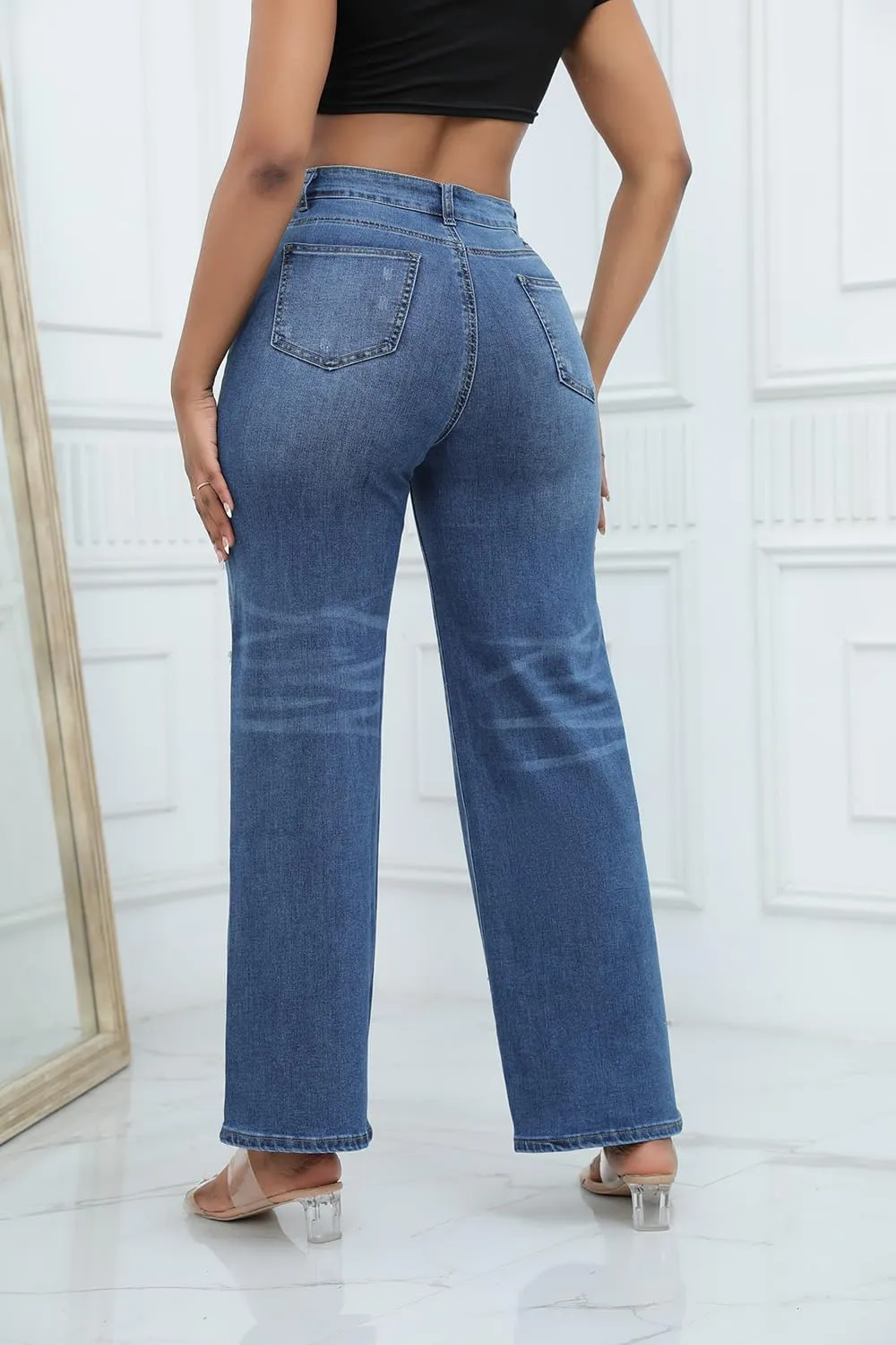 Aodrusa Ripped Wide Leg Jeans for Women Mom Baggy Straight Leg Stretchy Boyfriend Trendy Trouser Denim Pants