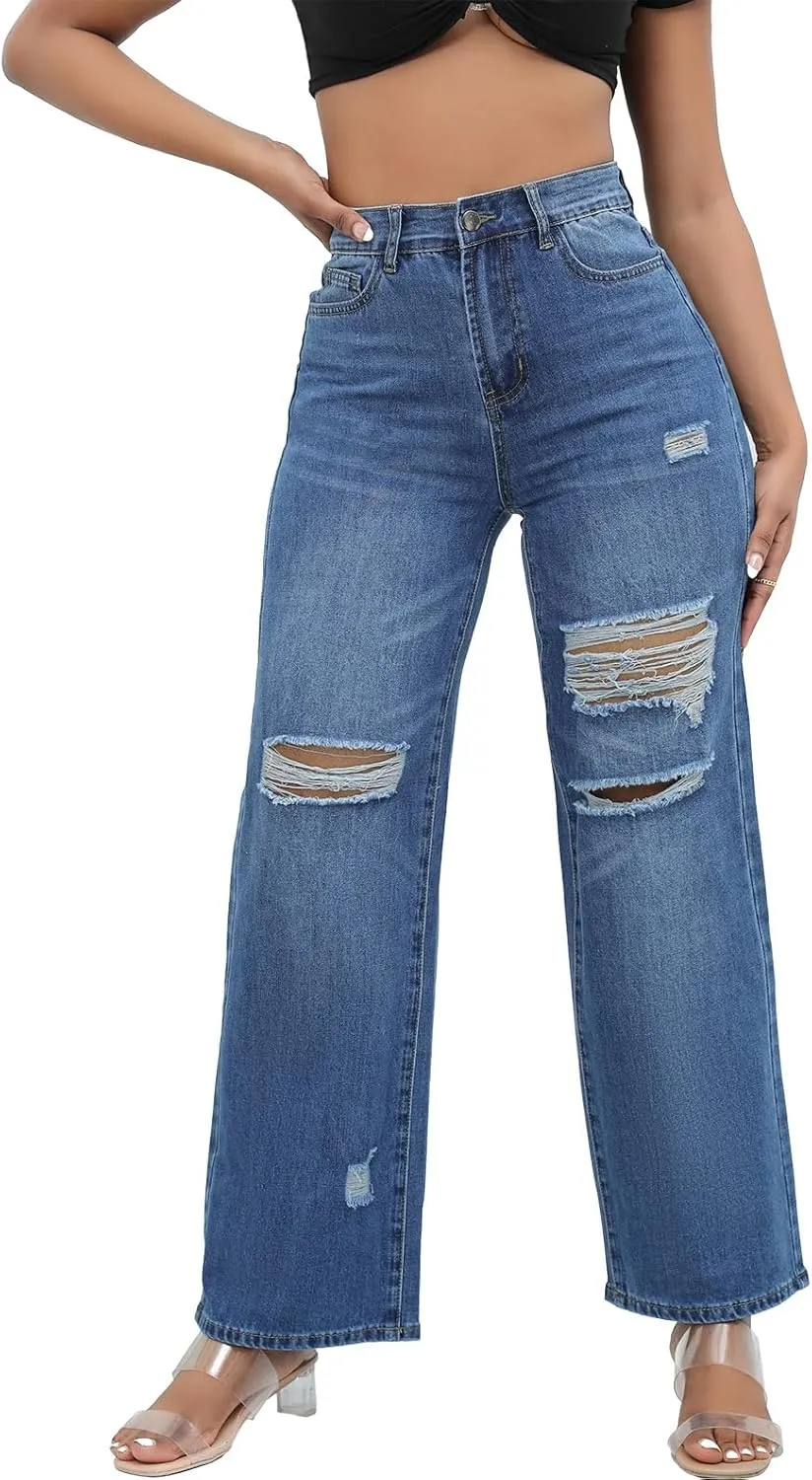 Aodrusa Ripped Wide Leg Jeans for Women Mom Baggy Straight Leg Stretchy Boyfriend Trendy Trouser Denim Pants