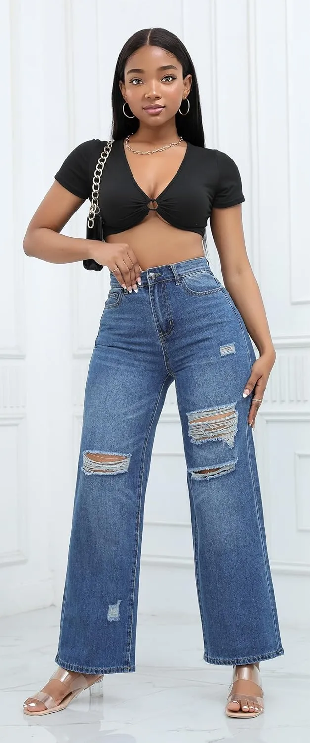 Aodrusa Ripped Wide Leg Jeans for Women Mom Baggy Straight Leg Stretchy Boyfriend Trendy Trouser Denim Pants