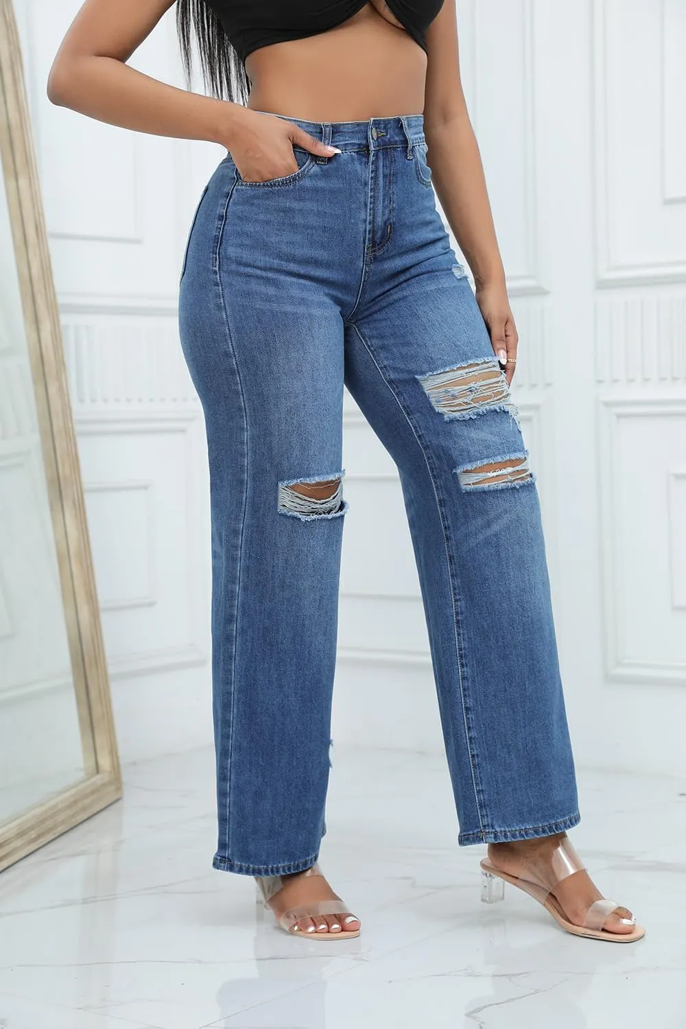 Aodrusa Ripped Wide Leg Jeans for Women Mom Baggy Straight Leg Stretchy Boyfriend Trendy Trouser Denim Pants
