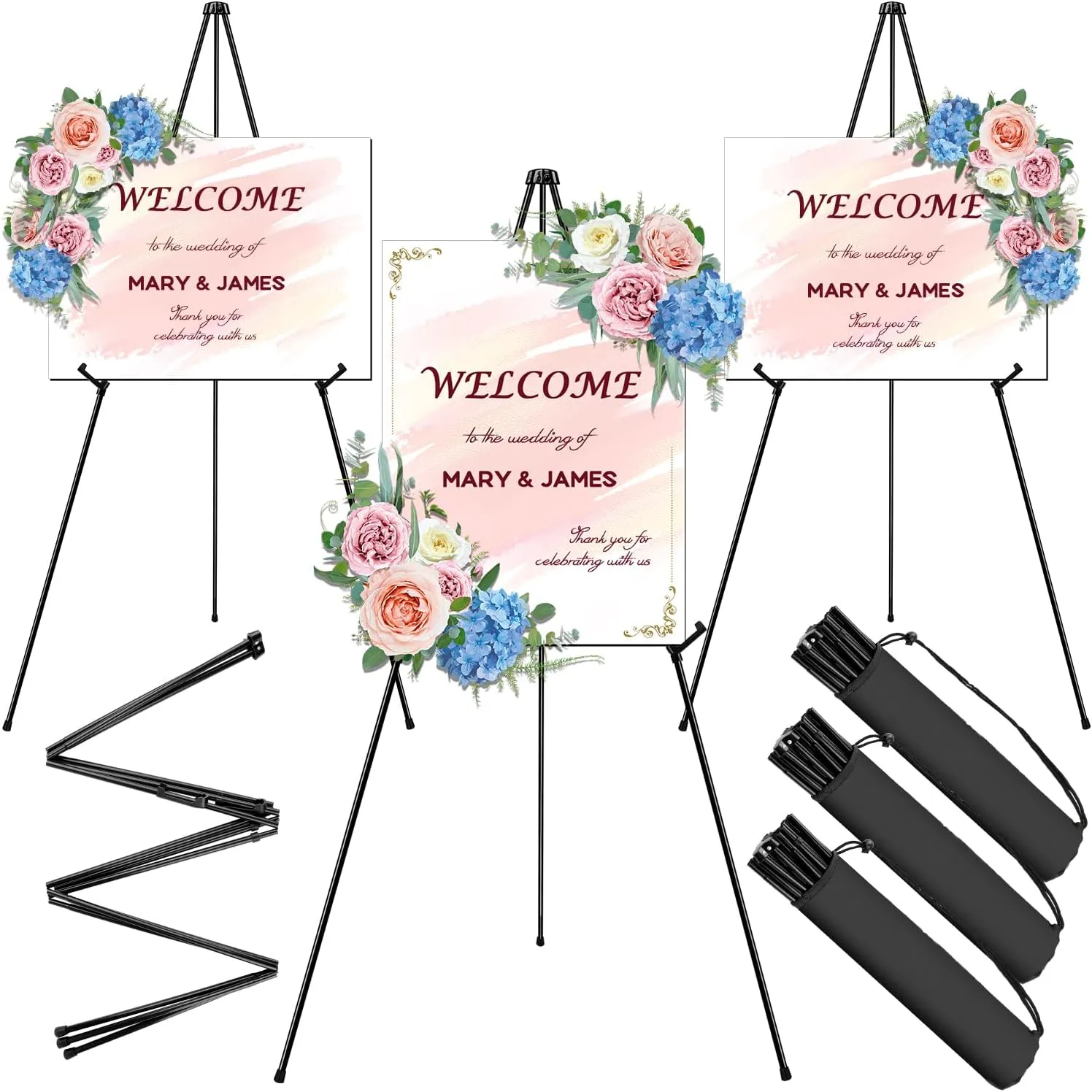 AROIC 63" Easel Stand for Display, 3 Pack Portable Foldable Metal Easel, Easels for Signs Wedding Logos,Arts, Painting,Adjustable Floor Easels with 3 Storage Bag