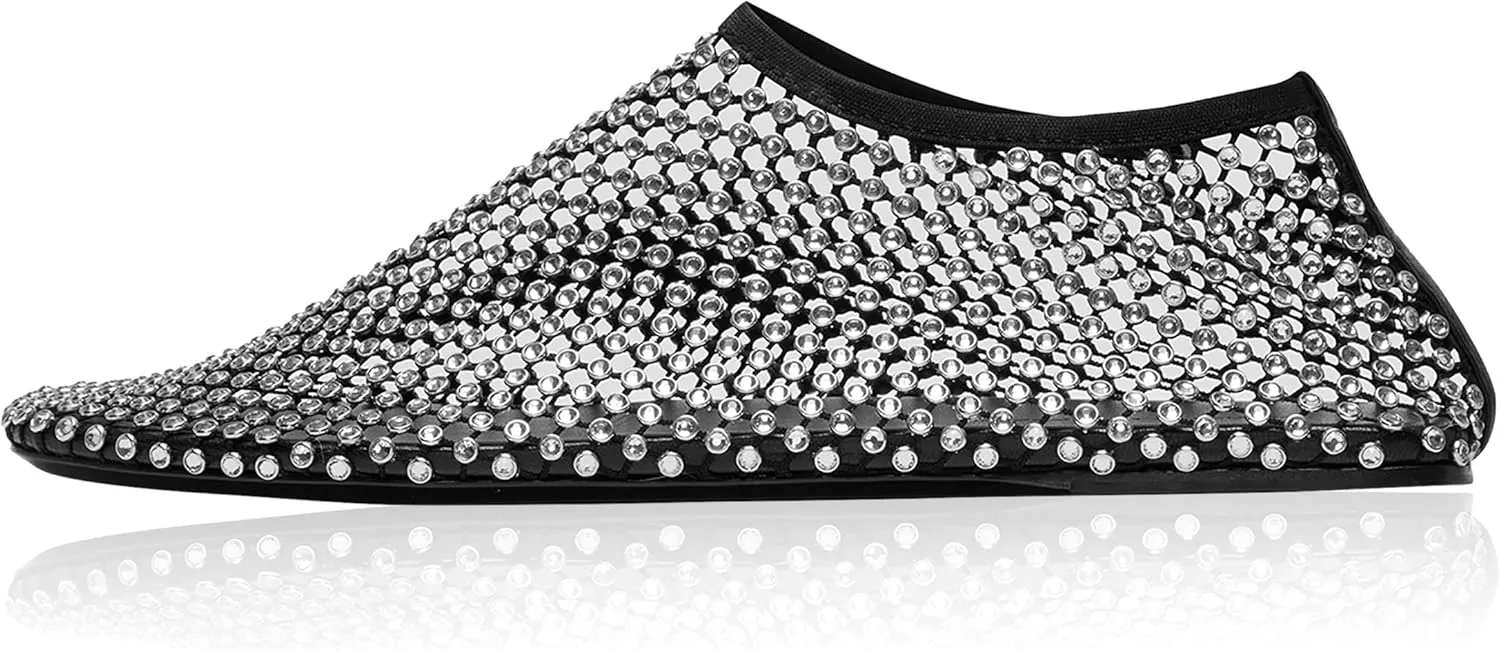 Arqa Crystals Mesh Flats for Women Rhinestone-Embellished Fishnet Sock Ballet Flat Shoes Comfort Casual Ballerina Shoes