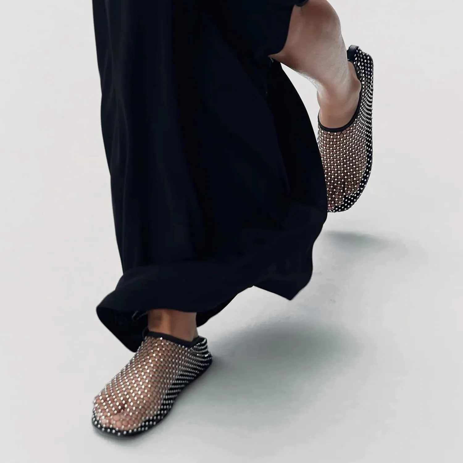 Arqa Crystals Mesh Flats for Women Rhinestone-Embellished Fishnet Sock Ballet Flat Shoes Comfort Casual Ballerina Shoes