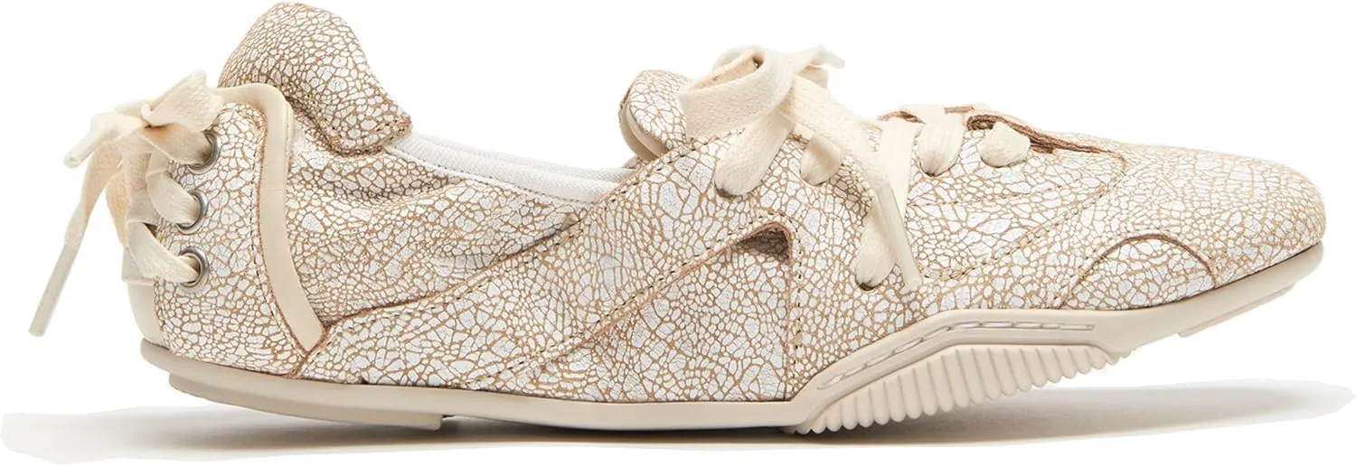 Arqa Women's Lace-up Leather Casual Sneakers Ballet Silhouette Crafted in Leather Cracked Finish Decorative Lacing Back Flat Sneakers Comfortable Outgoing Tennis Walking Shoes