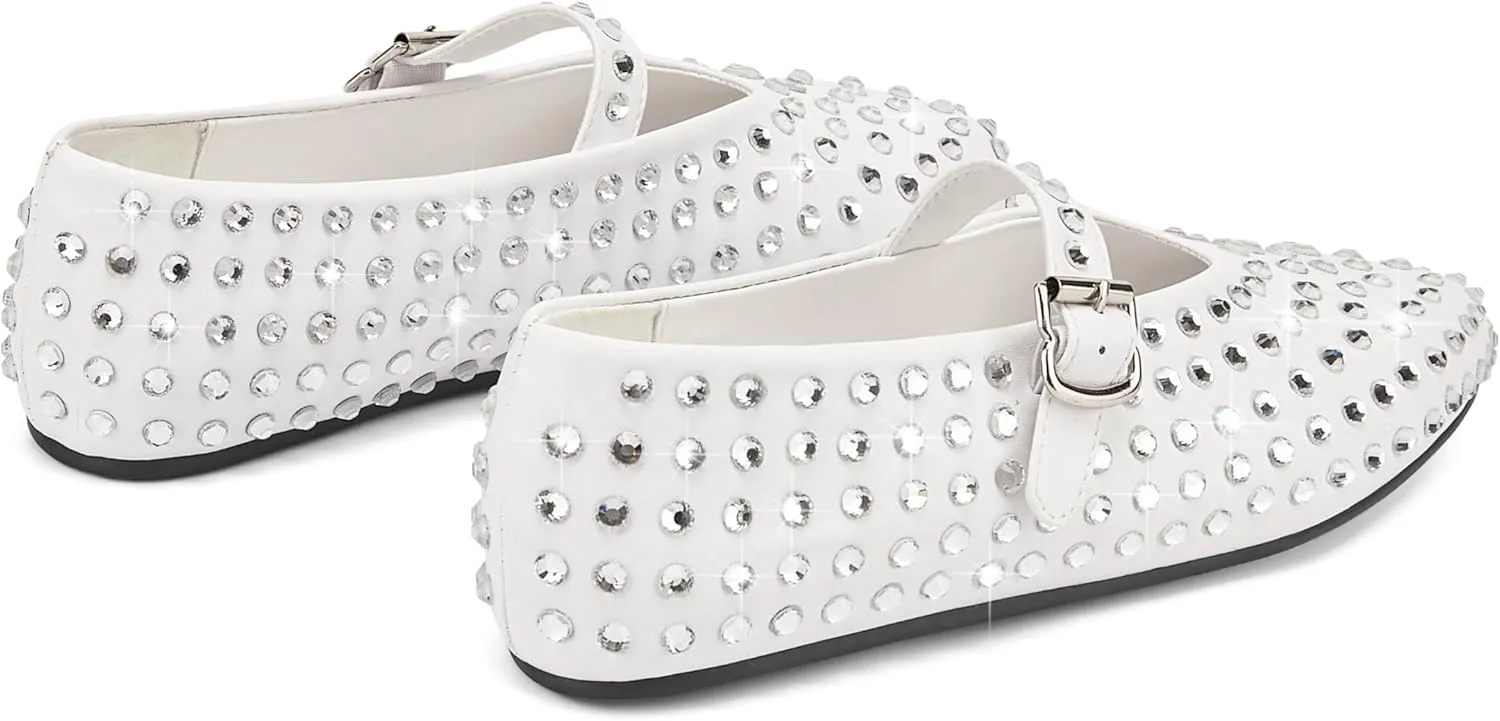 Arqa Women's Rhinestone Ballet Flats Sparkly Crystals Ballerina Shoes Buckled Straps Mesh Mary Jane Flat Casual Low Heels