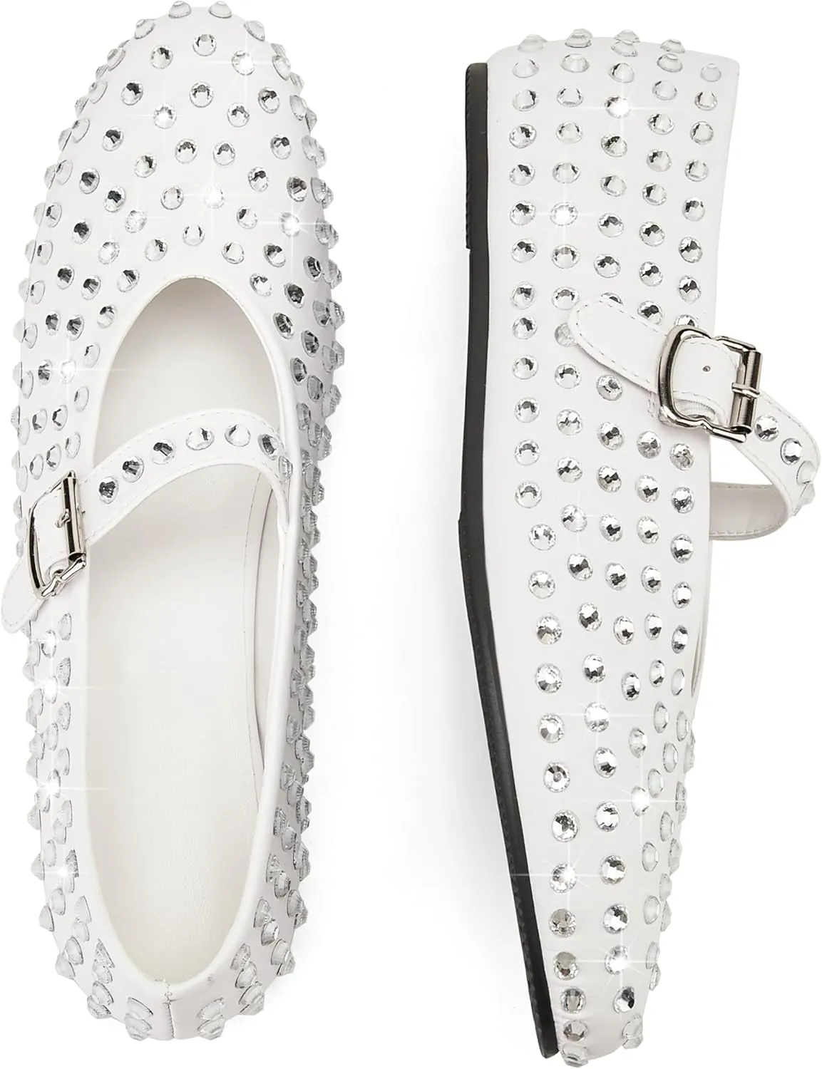 Arqa Women's Rhinestone Ballet Flats Sparkly Crystals Ballerina Shoes Buckled Straps Mesh Mary Jane Flat Casual Low Heels
