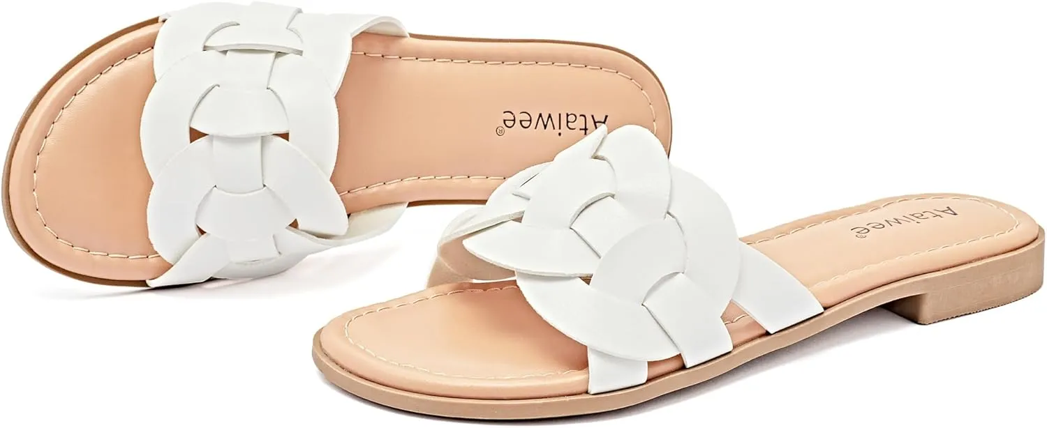 Ataiwee Women's Flat Slide Sandals - Ladies Casual Slip On Criss Cross Strap Summer Shoes.
