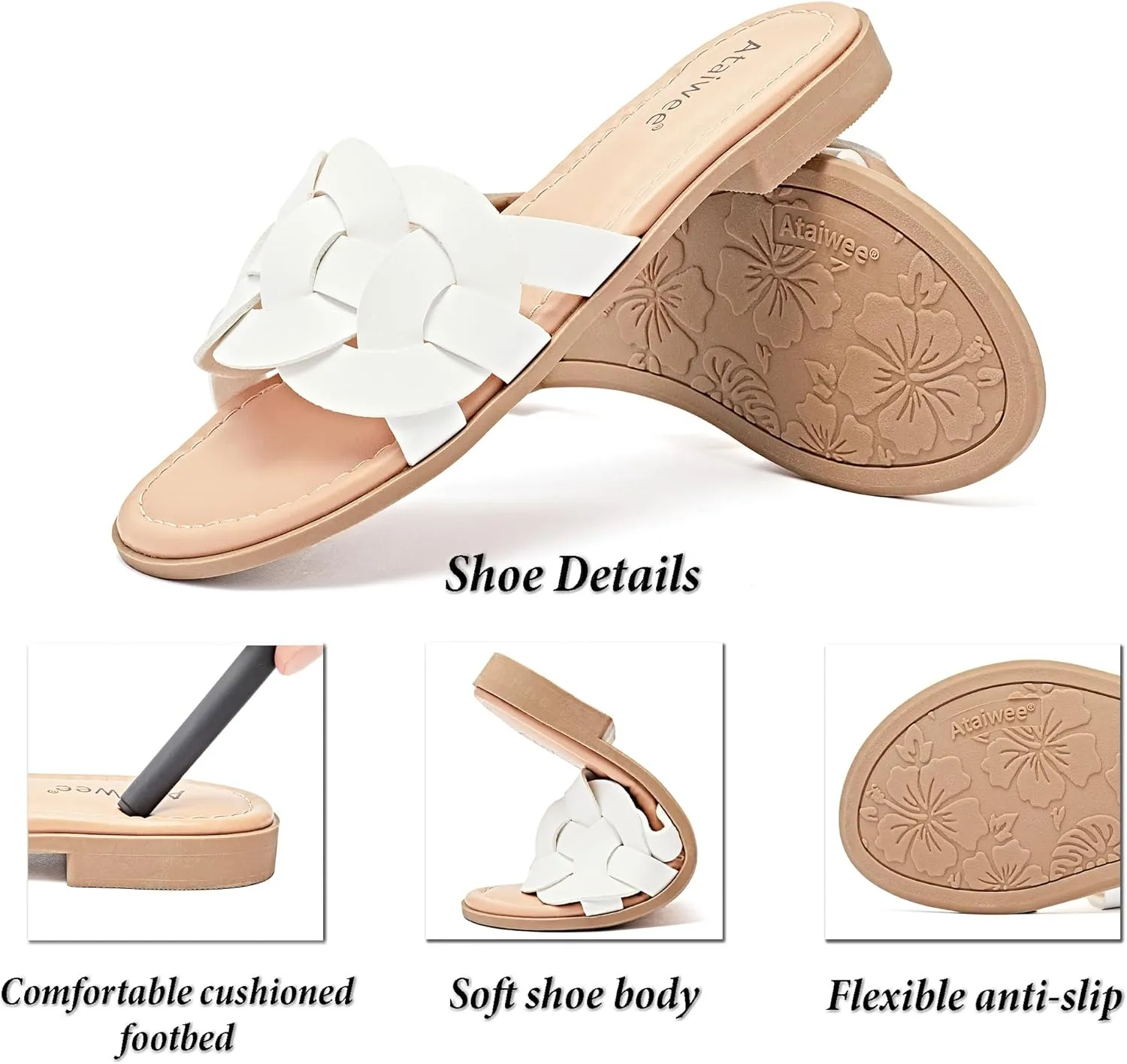 Ataiwee Women's Flat Slide Sandals - Ladies Casual Slip On Criss Cross Strap Summer Shoes.