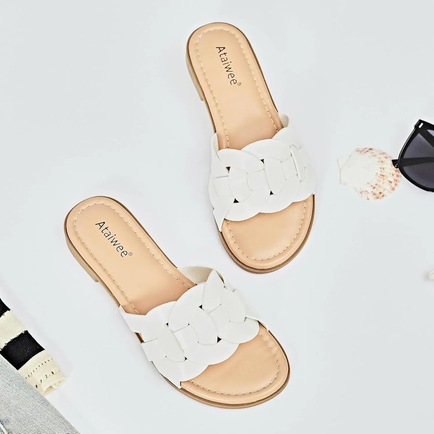 Ataiwee Women's Flat Slide Sandals - Ladies Casual Slip On Criss Cross Strap Summer Shoes.
