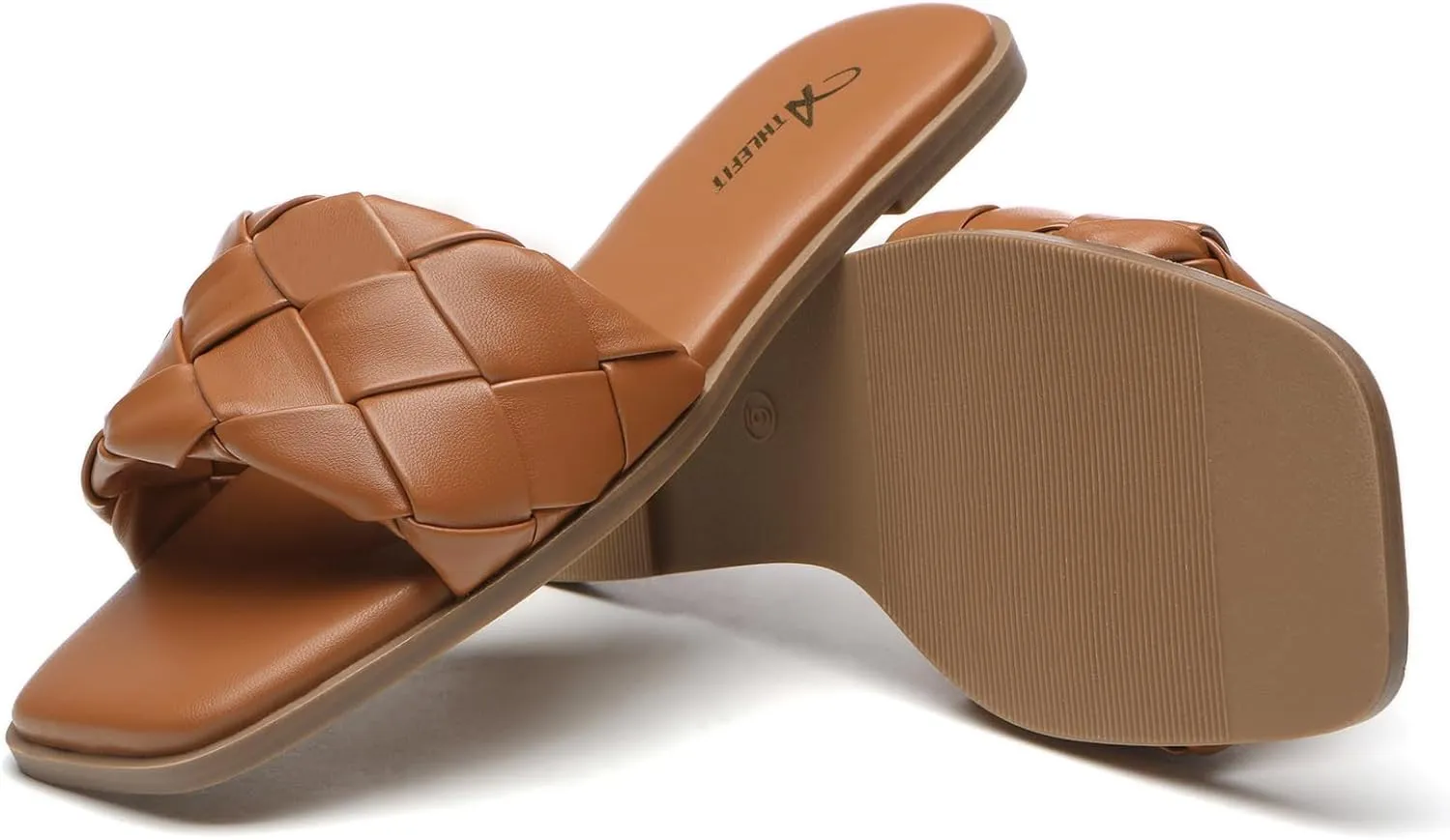 Athlefit Women's Braided Flat Sandals Square Open Toe Woven Slip On Slide Sandals