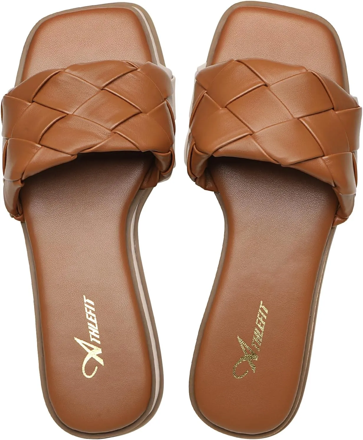 Athlefit Women's Braided Flat Sandals Square Open Toe Woven Slip On Slide Sandals