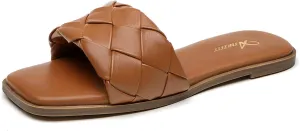 Athlefit Women's Braided Flat Sandals Square Open Toe Woven Slip On Slide Sandals