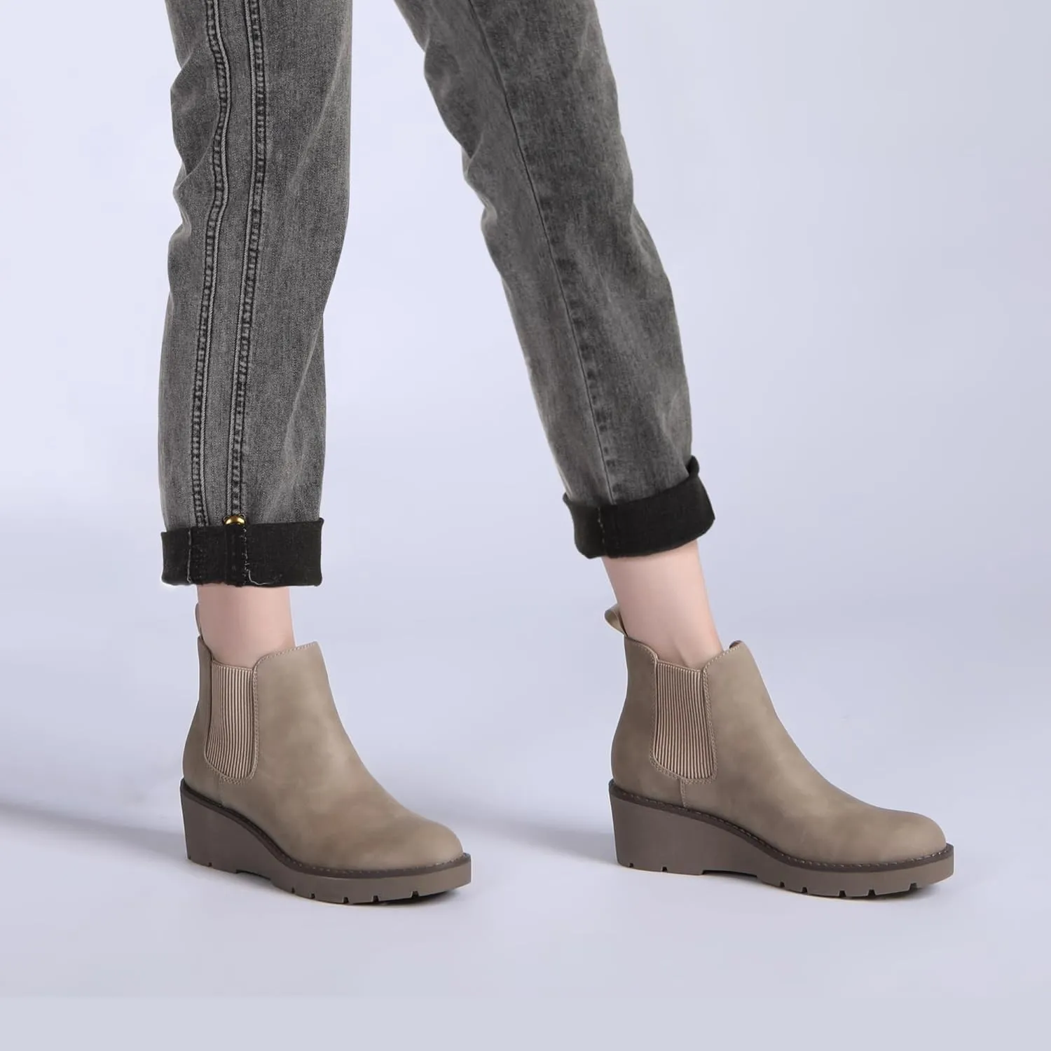 Athlefit Women's Chelsea Wedge Boots Elastic Platform Lug Sole Slip on Wedge Ankle Booties