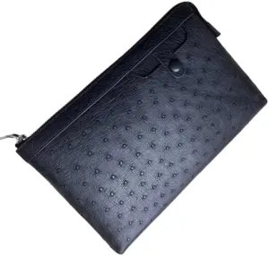 Authentic Real True Ostrich Skin Businessmen Black ZIP Clutch Purse Phone Holder Genuine Exotic Leather Male Wristlets Card Bag