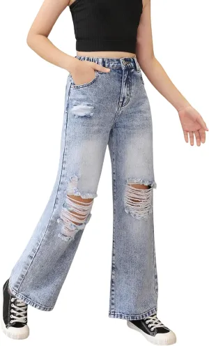 Baggy Jeans for Girls Wide Leg Ripped High Elastic Waisted Denim Pants Cute Summer Trousers Y2K Streetwear 7-14Y