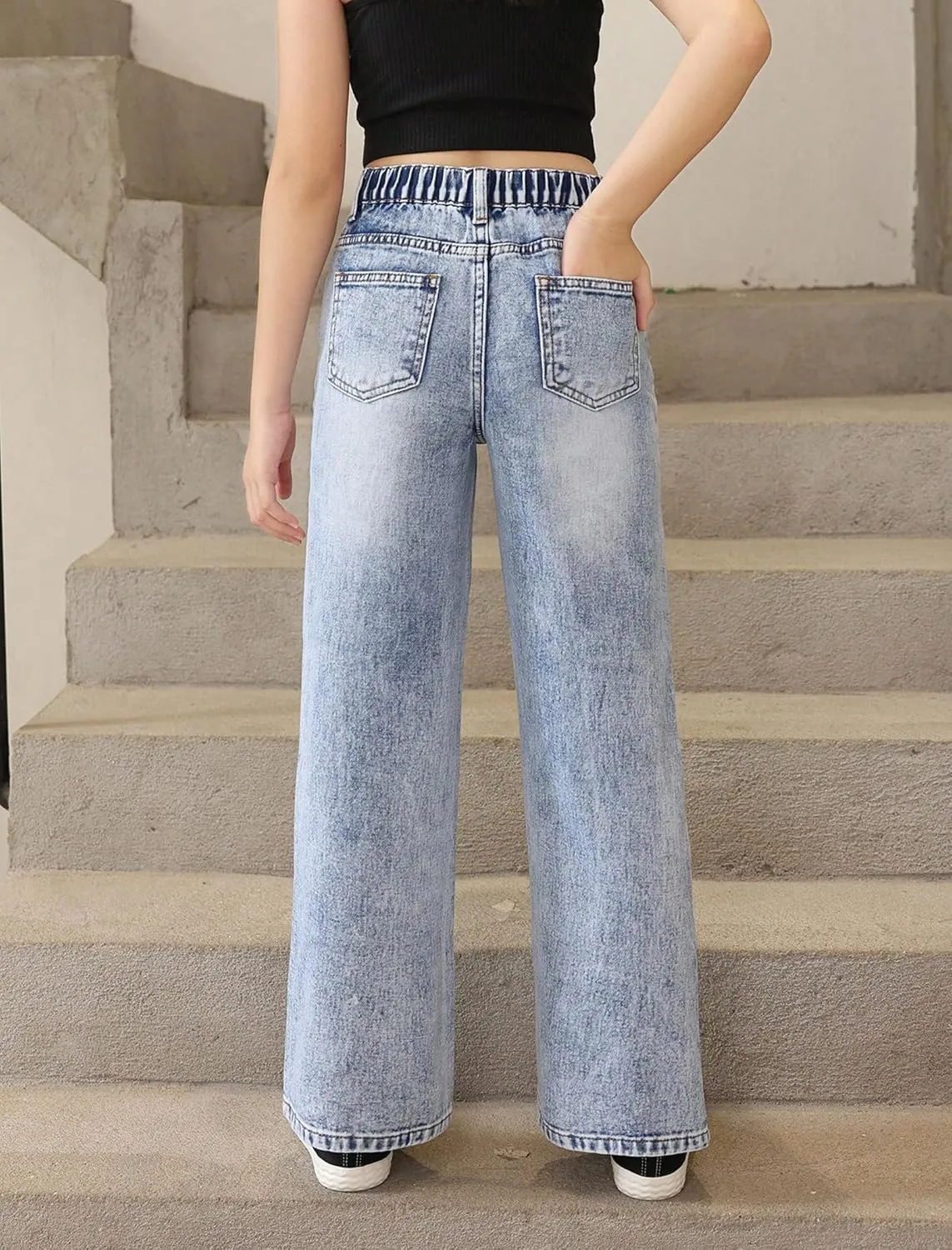 Baggy Jeans for Girls Wide Leg Ripped High Elastic Waisted Denim Pants Cute Summer Trousers Y2K Streetwear 7-14Y