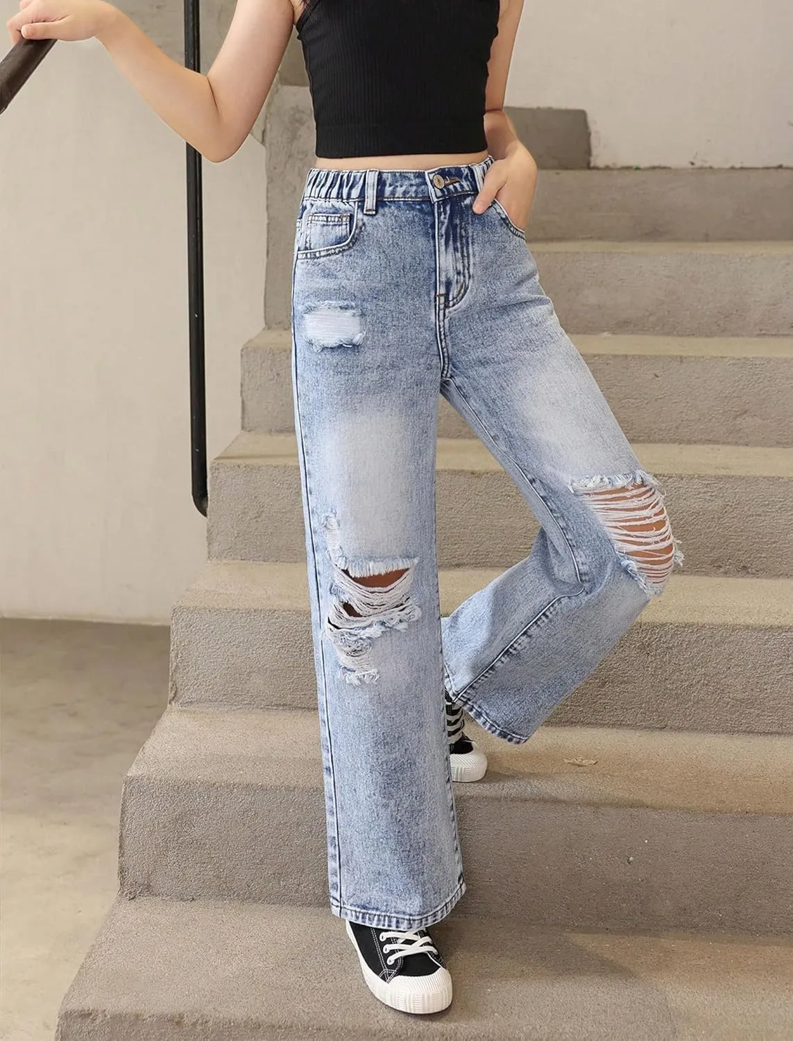 Baggy Jeans for Girls Wide Leg Ripped High Elastic Waisted Denim Pants Cute Summer Trousers Y2K Streetwear 7-14Y