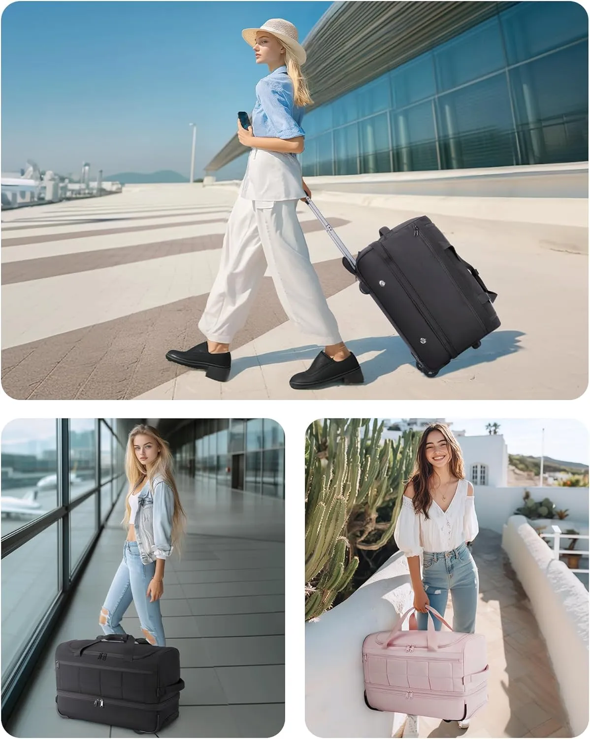 BAGSMART 40L Rolling Duffle Bag with Wheels and Handle, TSA Underseat Carry On Bags for Travel with Shoe Compartment, Pink
