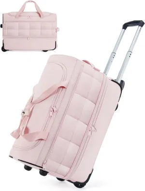 BAGSMART 40L Rolling Duffle Bag with Wheels and Handle, TSA Underseat Carry On Bags for Travel with Shoe Compartment, Pink