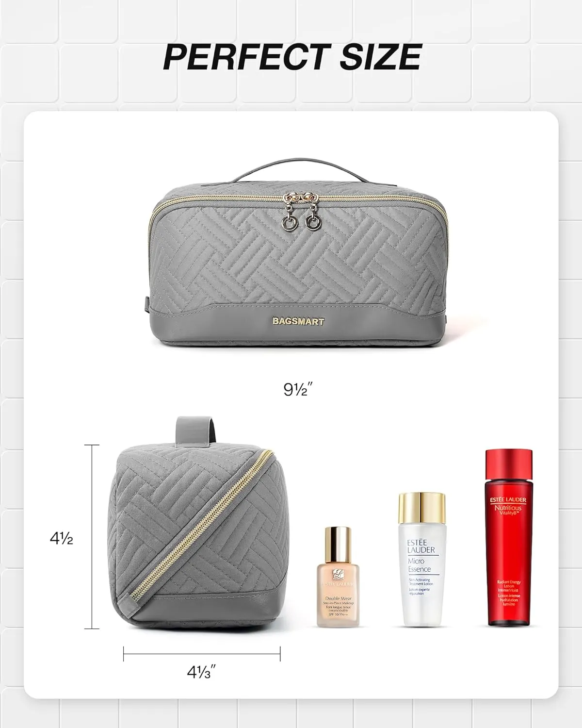 BAGSMART Makeup Bag Cosmetic Bag, Travel Makeup Bag,Water-resistent Makeup Bags for Women Portable Pouch Open Flat Make Up Organizer Case for Toiletries, Brushes, Grey