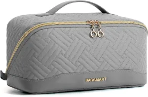 BAGSMART Makeup Bag Cosmetic Bag, Travel Makeup Bag,Water-resistent Makeup Bags for Women Portable Pouch Open Flat Make Up Organizer Case for Toiletries, Brushes, Grey