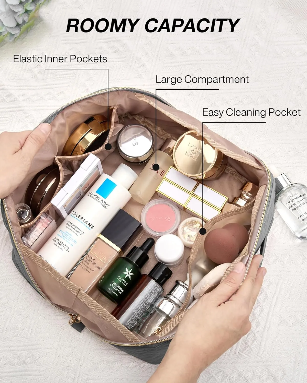 BAGSMART Makeup Bag Cosmetic Bag, Travel Makeup Bag,Water-resistent Makeup Bags for Women Portable Pouch Open Flat Make Up Organizer Case for Toiletries, Brushes, Grey