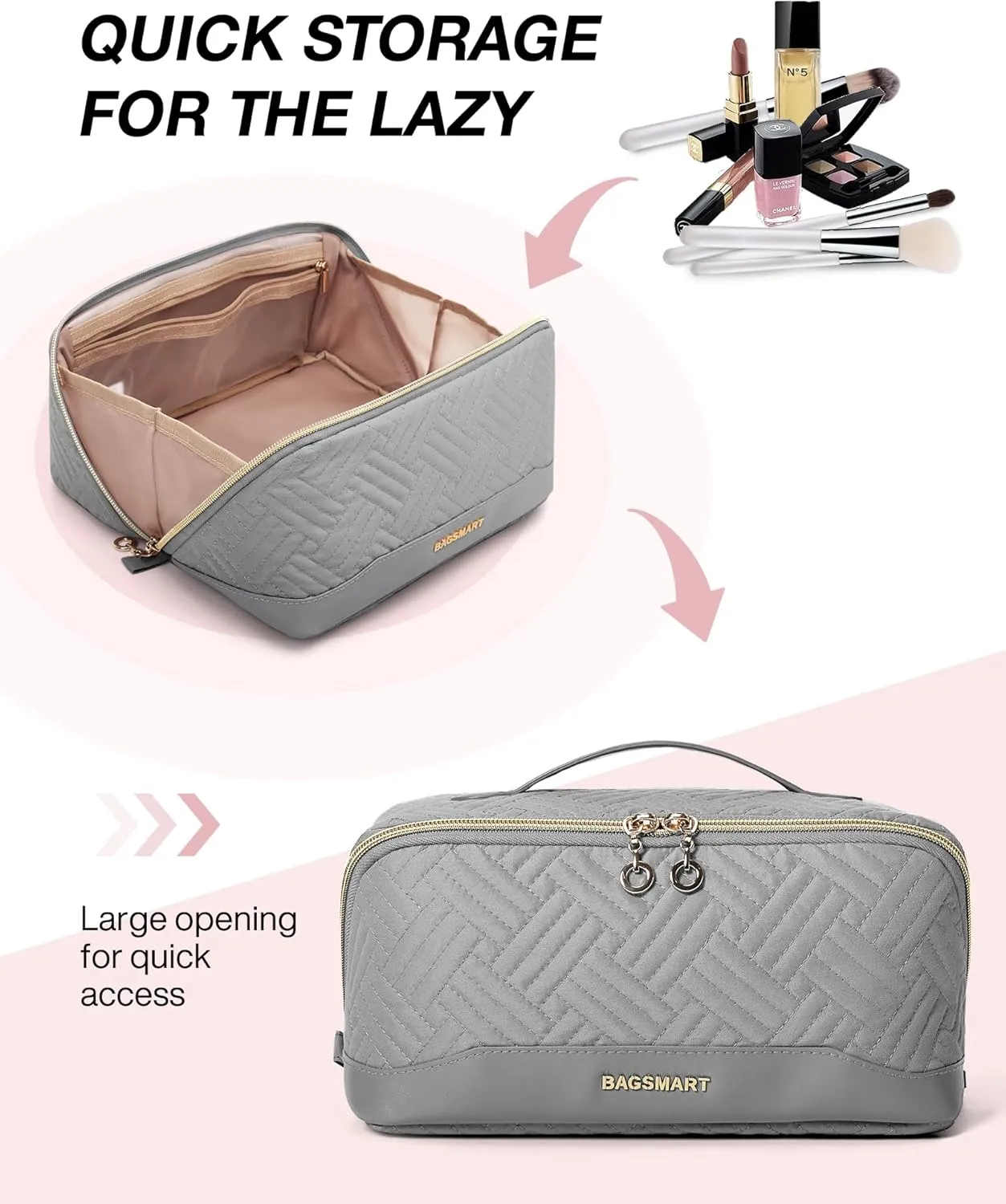 BAGSMART Makeup Bag Cosmetic Bag, Travel Makeup Bag,Water-resistent Makeup Bags for Women Portable Pouch Open Flat Make Up Organizer Case for Toiletries, Brushes, Grey