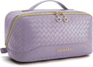 BAGSMART Makeup Bag, Travel Cosmetic Bag Organizer, PU Leather Water-Resistant Pouch, Open Flat Makeup Storage for Toiletries, Brushes, PU Leather Purple