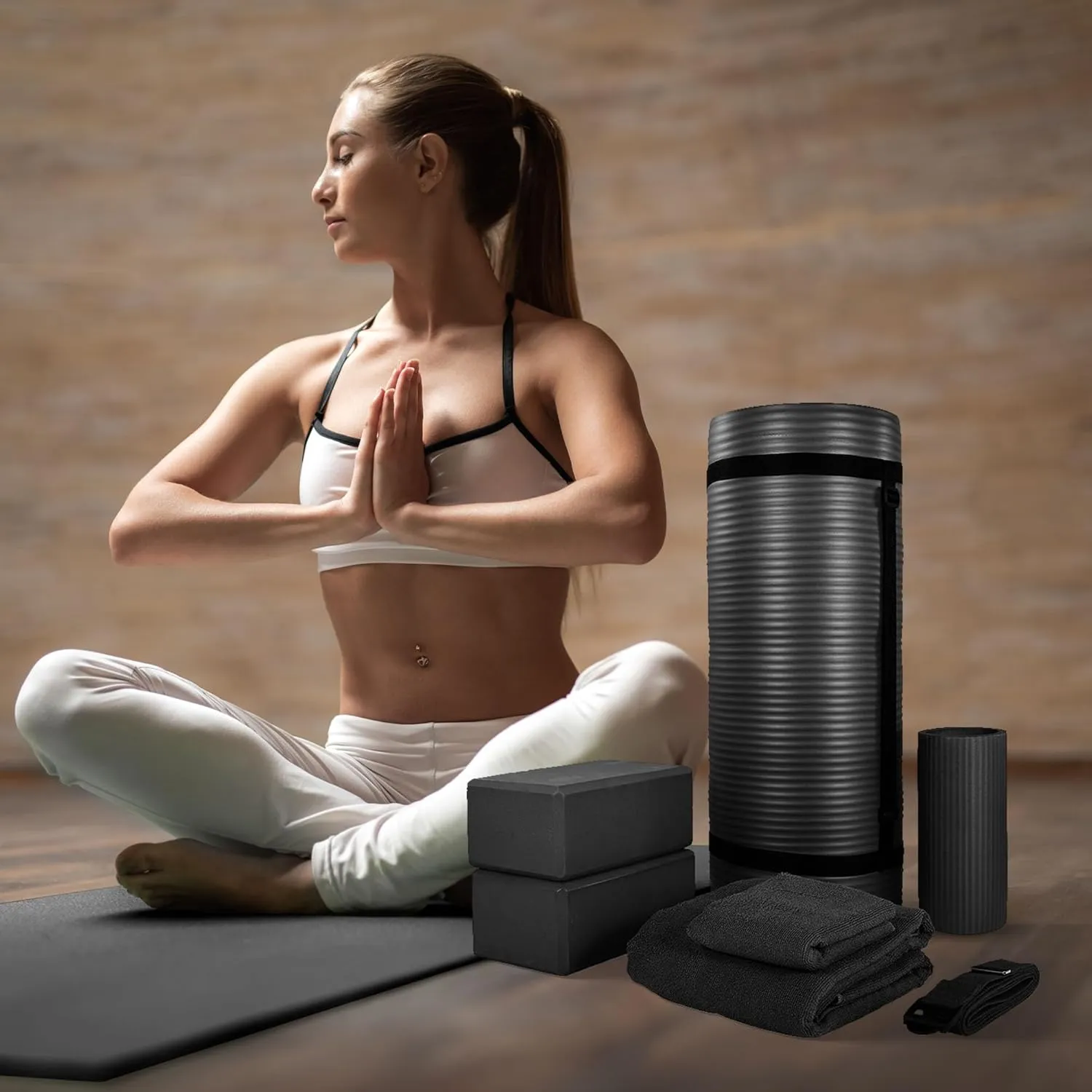 BalanceFrom Fitness 7-Piece Home Gym Yoga Set with 1-Inch Thick Yoga Mat, 2 Yoga Blocks, Mat Towel, Hand Towel, Stretch Strap & Knee Pad, Blue