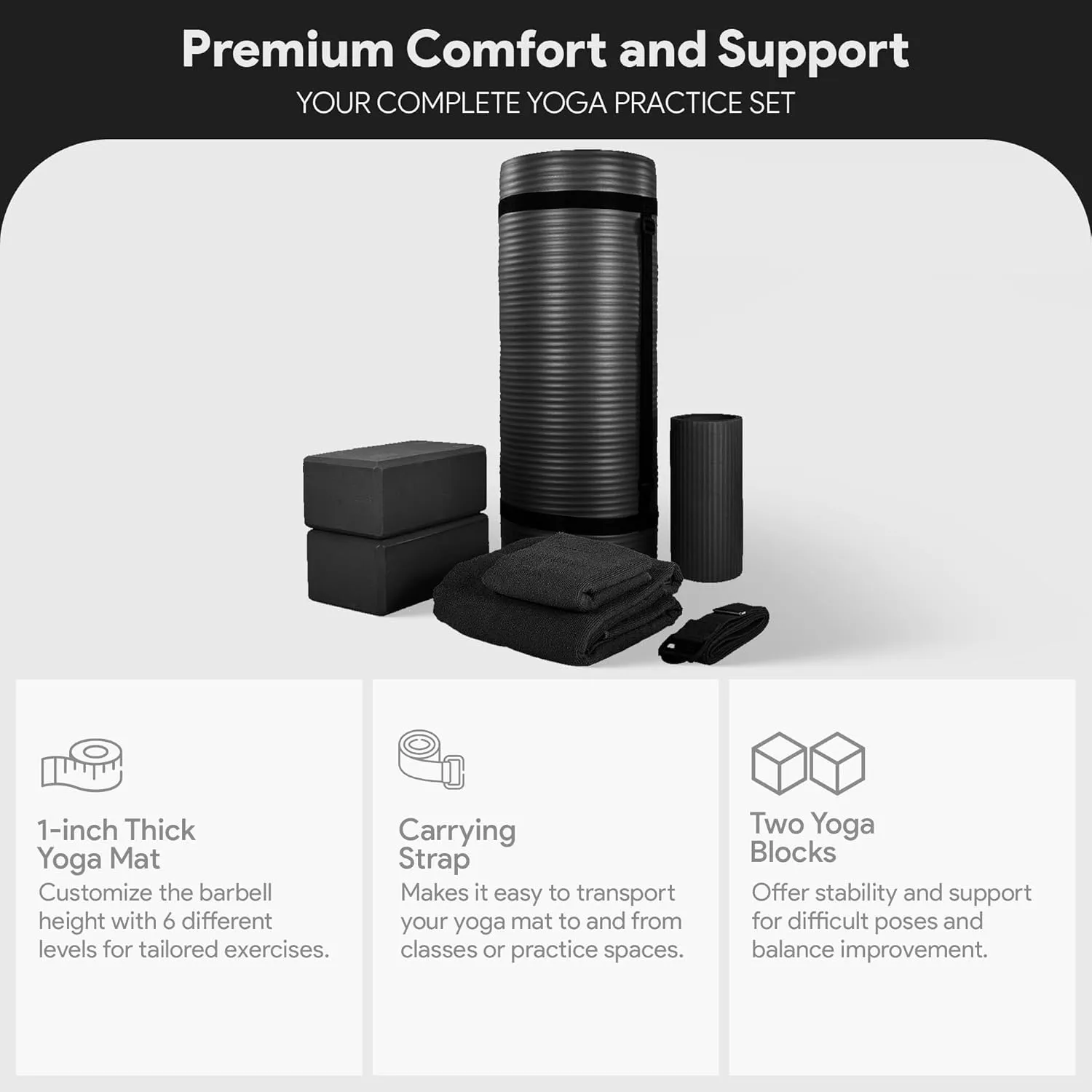 BalanceFrom Fitness 7-Piece Home Gym Yoga Set with 1-Inch Thick Yoga Mat, 2 Yoga Blocks, Mat Towel, Hand Towel, Stretch Strap & Knee Pad, Blue