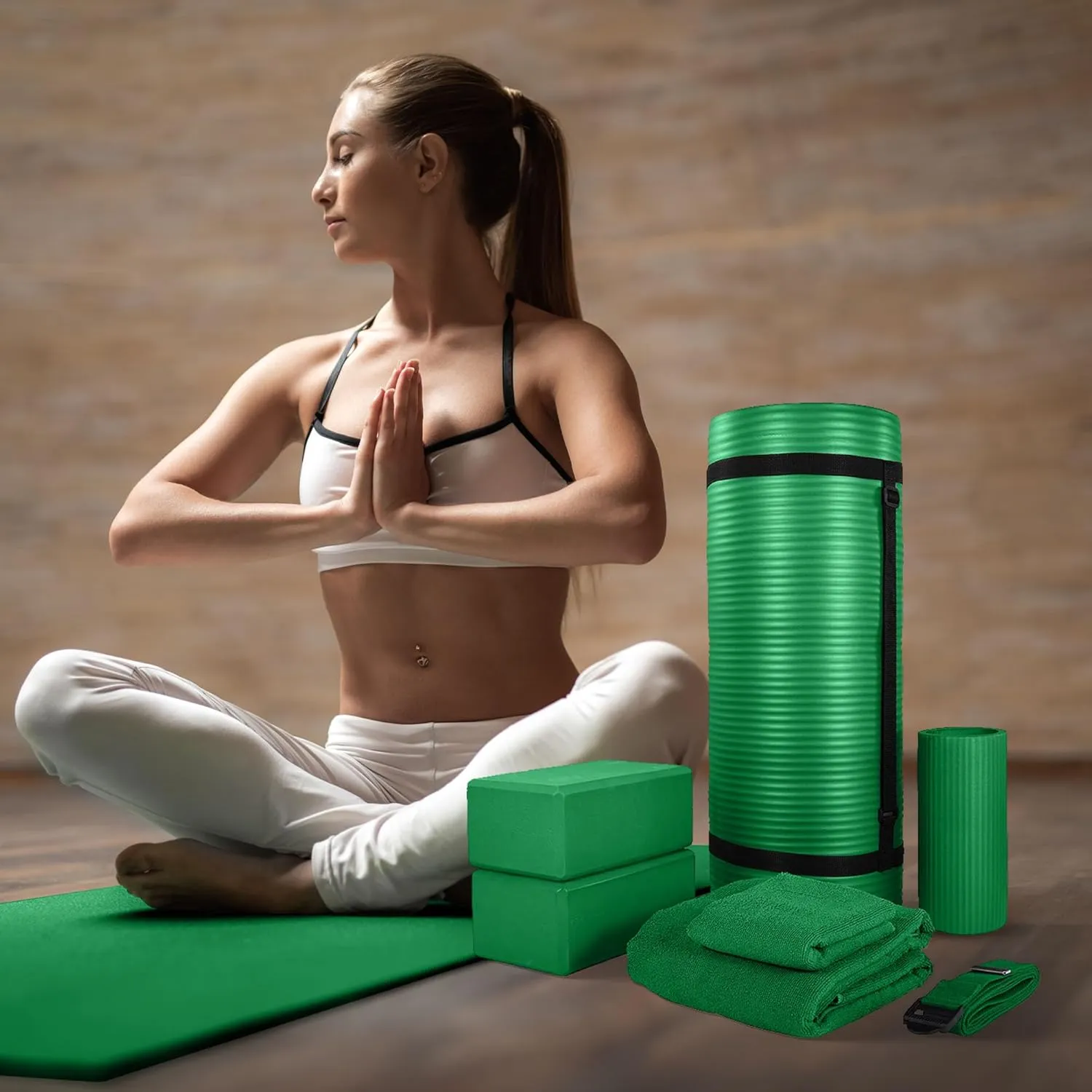 BalanceFrom Fitness 7-Piece Home Gym Yoga Set with 1-Inch Thick Yoga Mat, 2 Yoga Blocks, Mat Towel, Hand Towel, Stretch Strap & Knee Pad, Blue