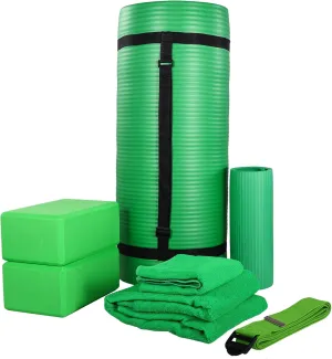BalanceFrom Fitness 7-Piece Home Gym Yoga Set with 1-Inch Thick Yoga Mat, 2 Yoga Blocks, Mat Towel, Hand Towel, Stretch Strap & Knee Pad, Blue