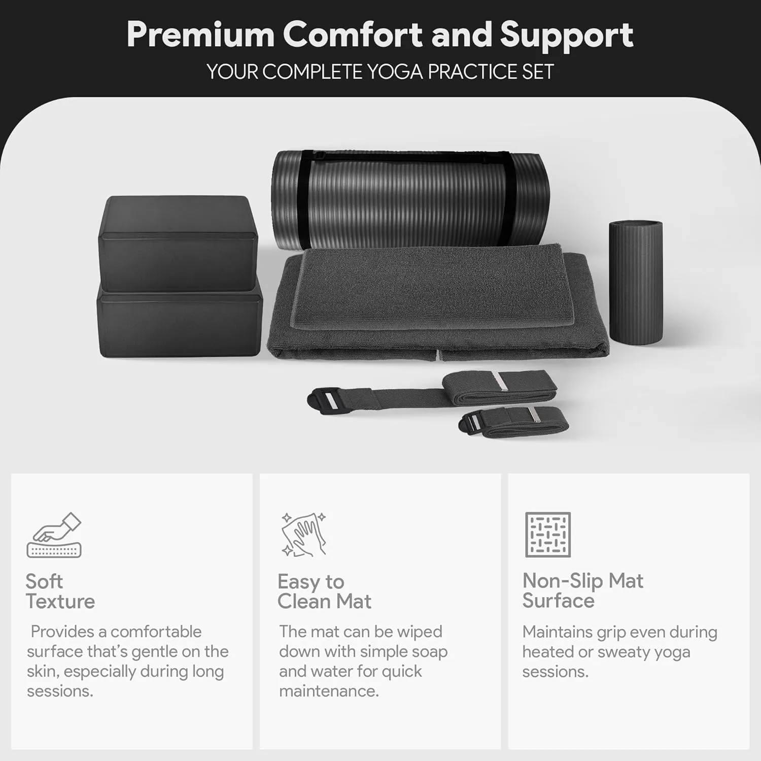BalanceFrom Fitness 7-Piece Home Gym Yoga Set with 1-Inch Thick Yoga Mat, 2 Yoga Blocks, Mat Towel, Hand Towel, Stretch Strap & Knee Pad, Blue