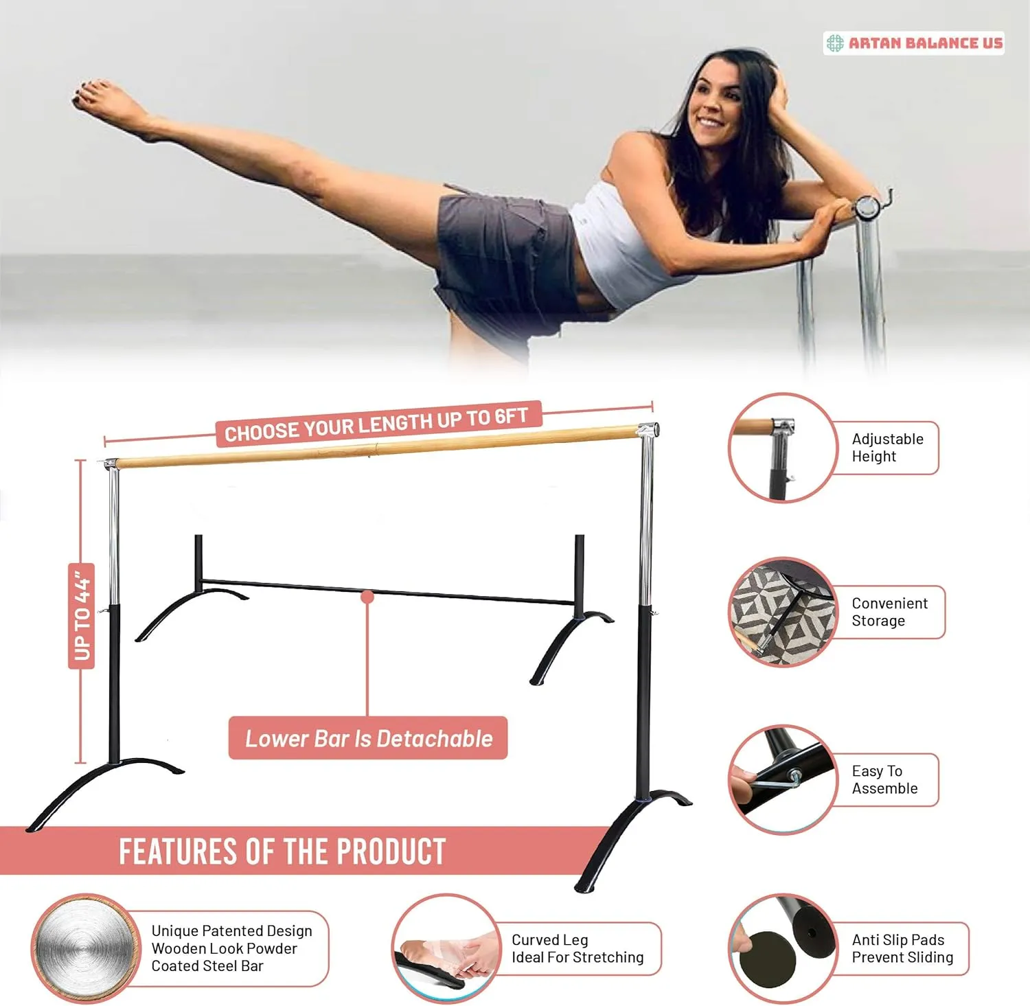 Ballet Barre Portable for Home or Studio, Height Adjustable Bar for Stretch, Pilates, Dance or Active Workouts, Single or Double Bar, Kids and Adults