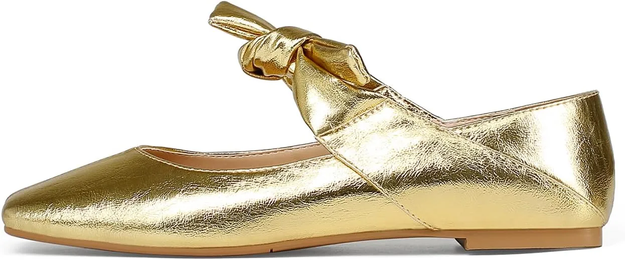 Ballet Flats for Women Square Toe Leather Bow Mary Janes Comfortable Casual Office Walk Dress Shoes
