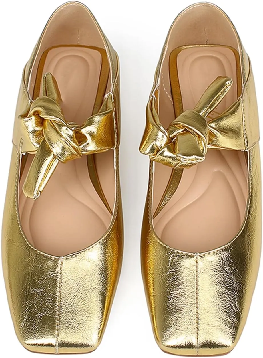 Ballet Flats for Women Square Toe Leather Bow Mary Janes Comfortable Casual Office Walk Dress Shoes