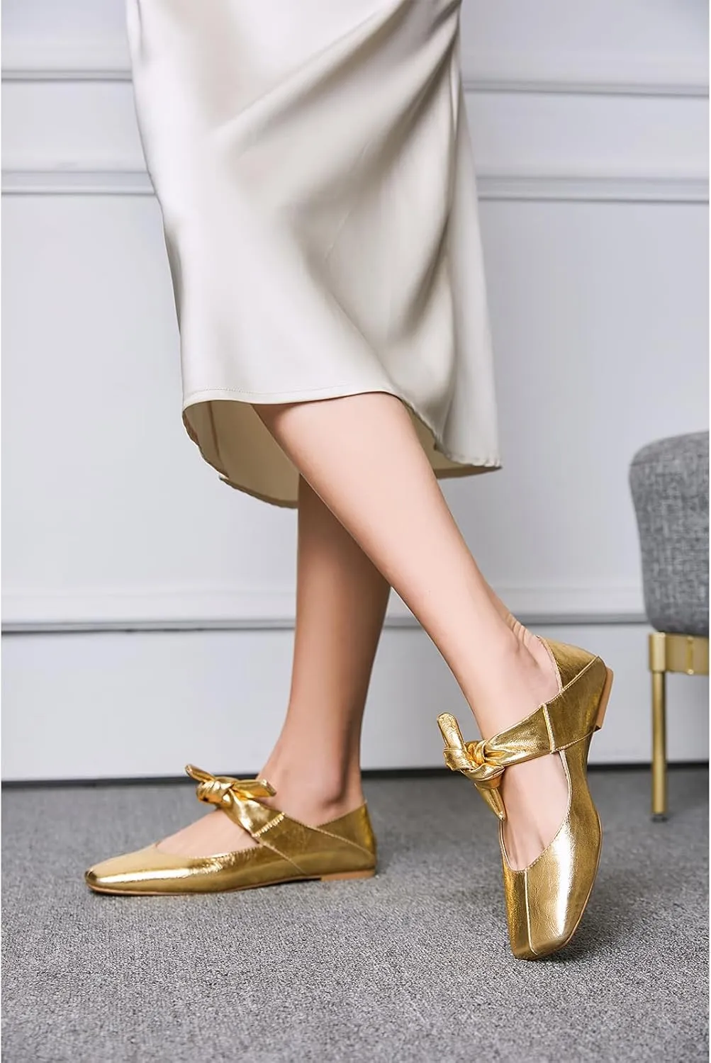 Ballet Flats for Women Square Toe Leather Bow Mary Janes Comfortable Casual Office Walk Dress Shoes