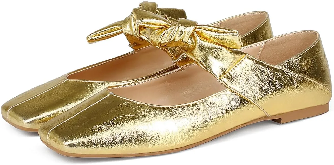 Ballet Flats for Women Square Toe Leather Bow Mary Janes Comfortable Casual Office Walk Dress Shoes