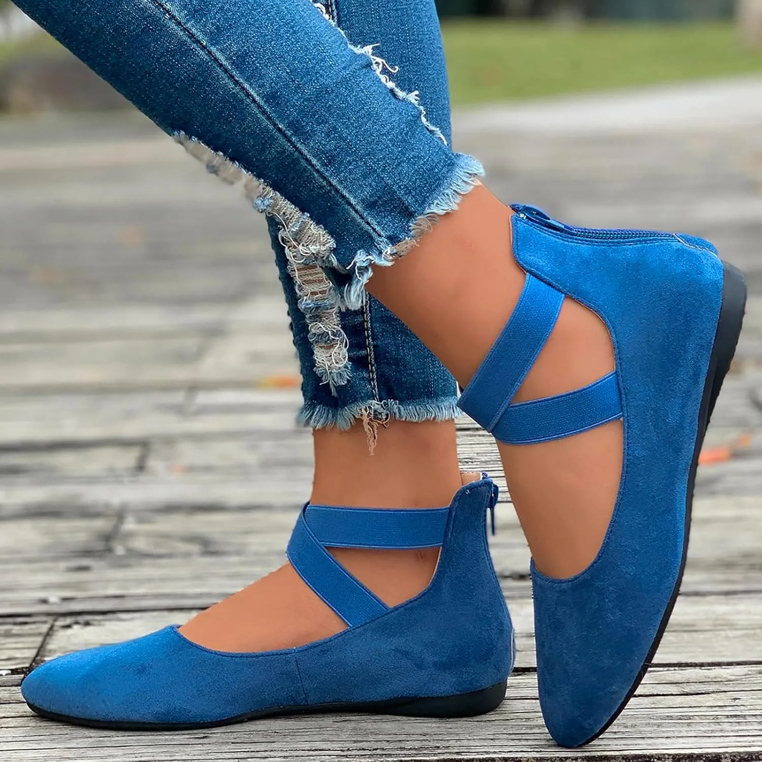Ballet Flats Shoes for Women with Strap Comfortable Criss-Cross Elastic Ankle Straps Flats Shoes Round Toe Slip on Dress Flat Shoes