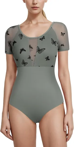 Ballet Leotard for Women Floral Mesh Short Sleeve Dance Leotard Adult Ballerina Outfits Active Gymnastics Leotards