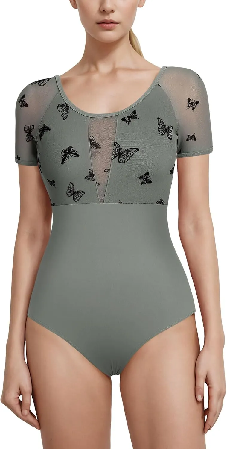 Ballet Leotard for Women Floral Mesh Short Sleeve Dance Leotard Adult Ballerina Outfits Active Gymnastics Leotards