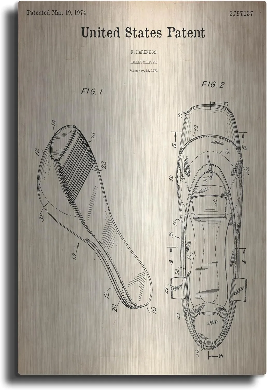 'Ballet Slippers Blueprint Patent Parchment' Metal Wall Art, 24"x36"