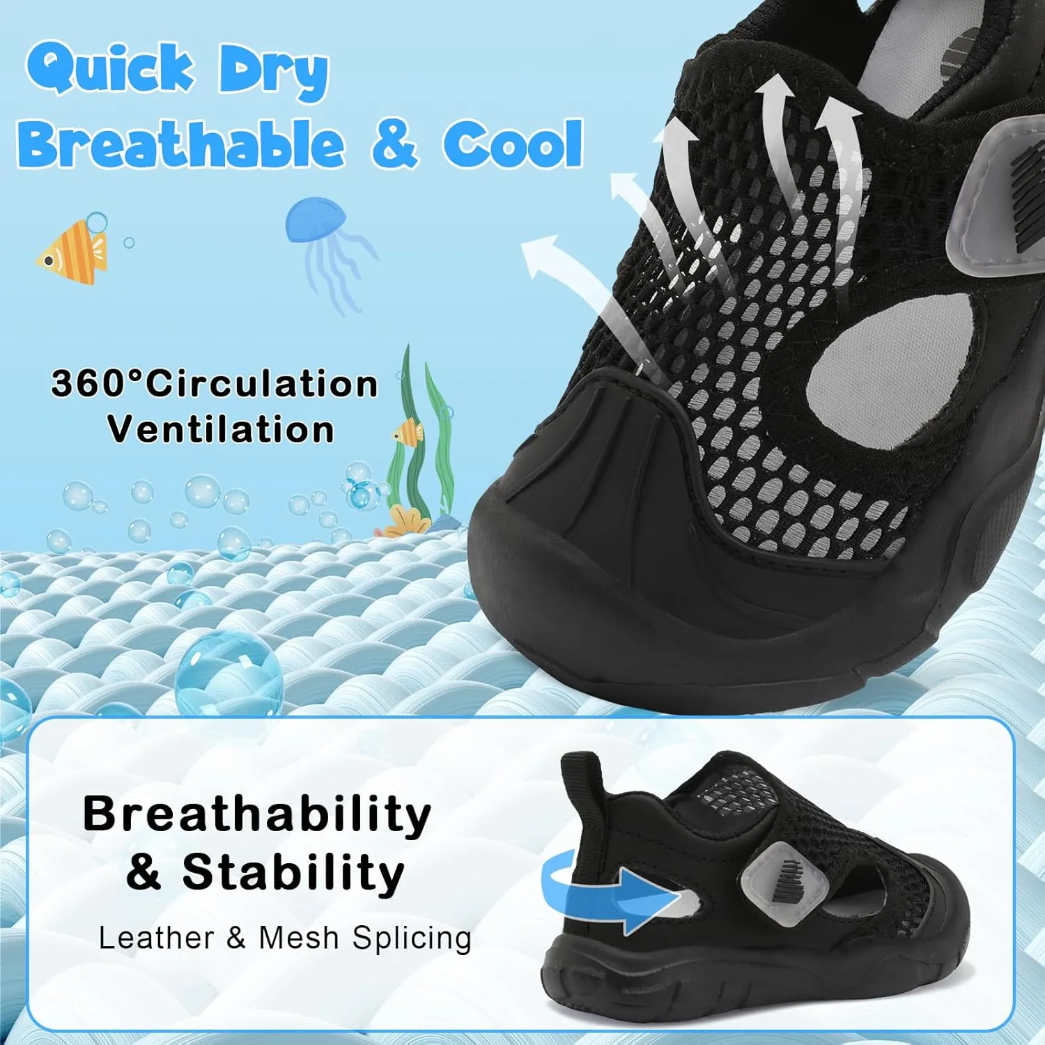 BARERUN Toddler Water Shoes Boys Girls Qucik Dry Breathable Kids Water Shoes Wide Adjustable Instep Water Sandals for Beach Swim Pool Non Slip Flexible Barefoot Sport Aqua Shoes