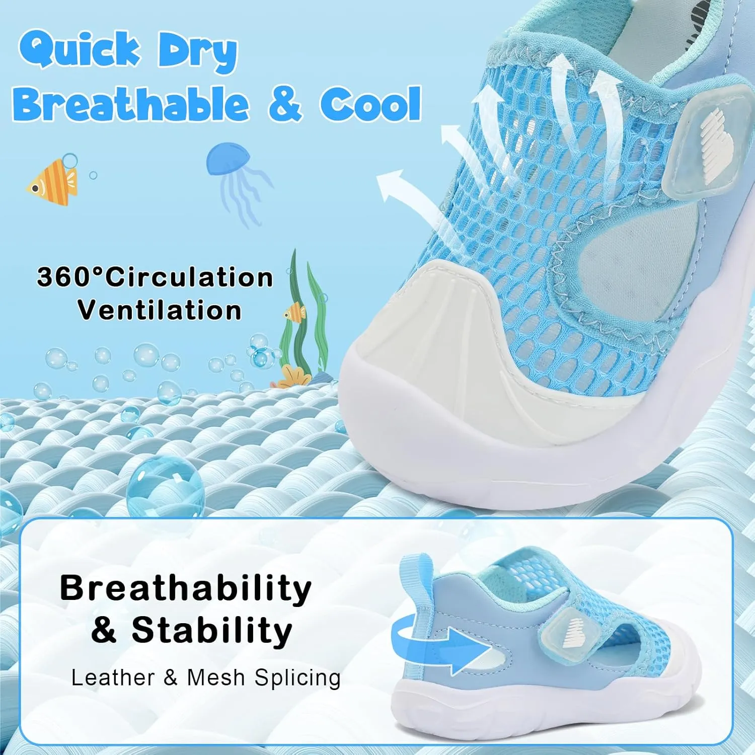 BARERUN Toddler Water Shoes Boys Girls Qucik Dry Breathable Kids Water Shoes Wide Adjustable Instep Water Sandals for Beach Swim Pool Non Slip Flexible Barefoot Sport Aqua Shoes