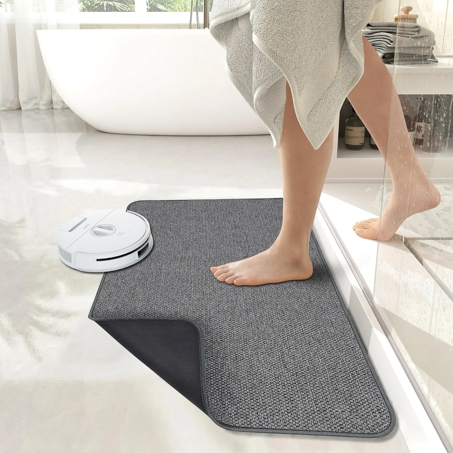 Bath Mat,Ultra Thin Bathroom Rugs,Rubber Bath Mats for Bathroom,Quick Dry,Non-Slip,Machine Washable,Fit Under Door,Absorbent Bath Rugs,Shower Outside,Sink,Home Decor Accessories.(Dark Grey,17''x27'')