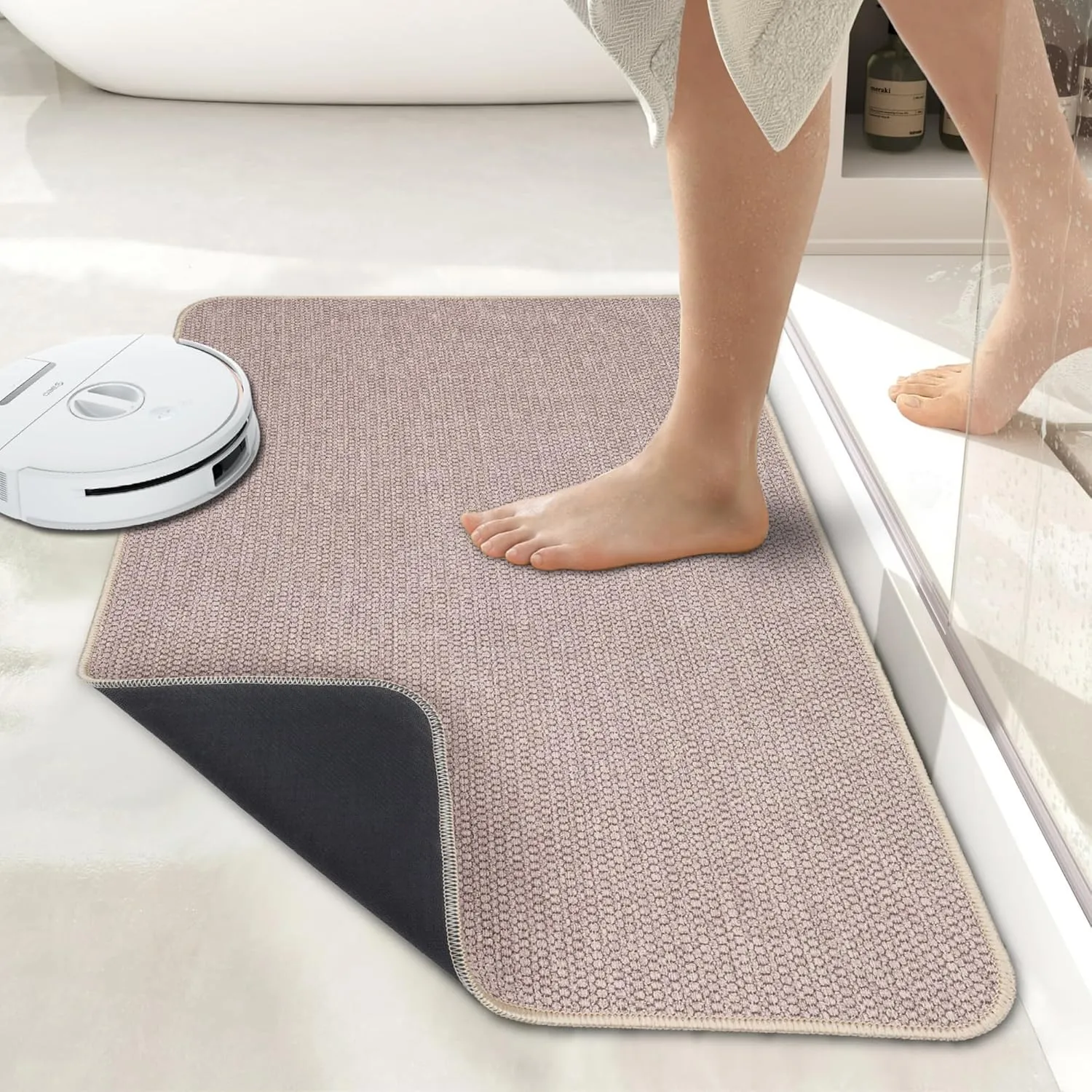 Bath Mat,Ultra Thin Bathroom Rugs,Rubber Bath Mats for Bathroom,Quick Dry,Non-Slip,Machine Washable,Fit Under Door,Super Absorbent Bath Rugs Floor,Shower Outside,Sink.(Beige,20''x32'')