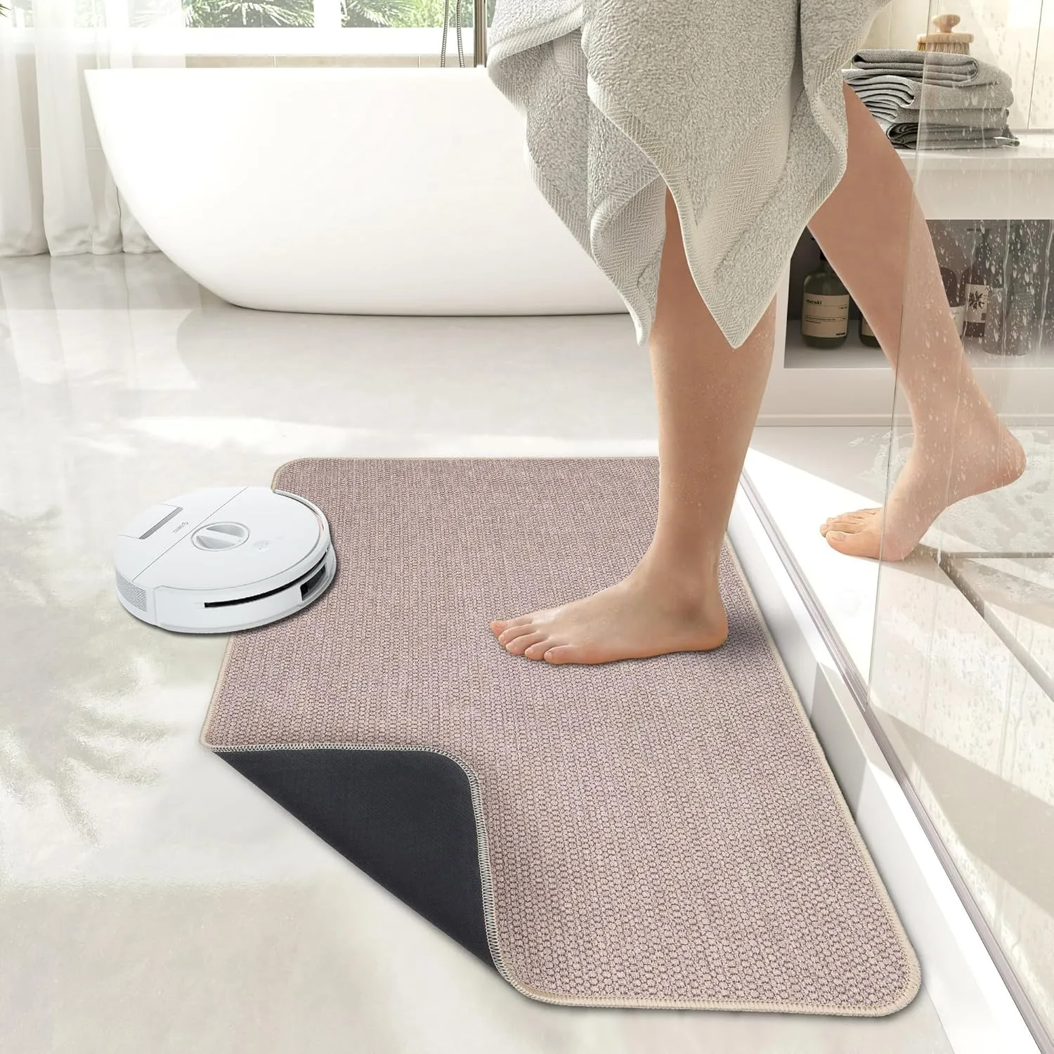 Bath Mat,Ultra Thin Bathroom Rugs,Rubber Bath Mats for Bathroom,Quick Dry,Non-Slip,Machine Washable,Fit Under Door,Super Absorbent Bath Rugs Floor,Shower Outside,Sink.(Beige,20''x32'')